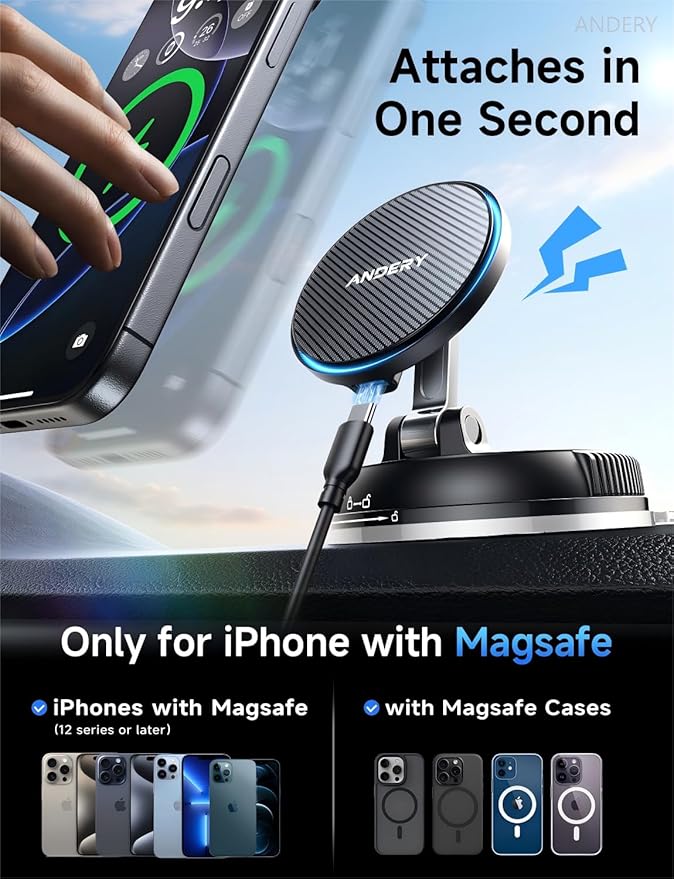 ANDERY Only for iPhone Magsafe Car Mount Charger [15W Fast Wireless Charging, 78+LBS Strong Suction, 2400gf Strong Magnetic] 360° Adjustable Phone Holders for Your Car, Stable Support Arm for Video