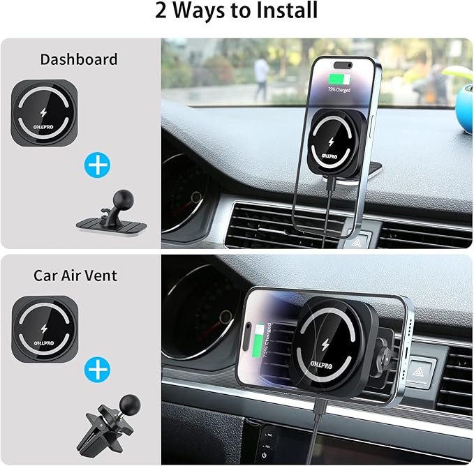 OHLPRO for Magsafe Car Mount Wireless Charger Magnetic Phone Holder Air Vent with Stick on Dashboard Compatible iPhone 16/15/14/13/12 Pro Max Mini,15W Fast Charging