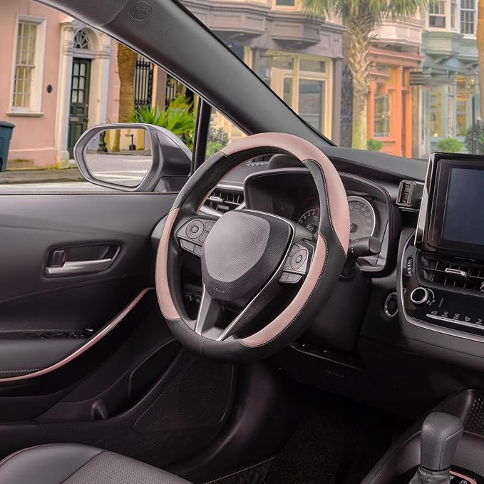 SEG Direct Car Steering Wheel Cover for Women Men, Standard Size 14.5-15 inch (37-39 cm), Auto Interior Accessories, Black and Pink