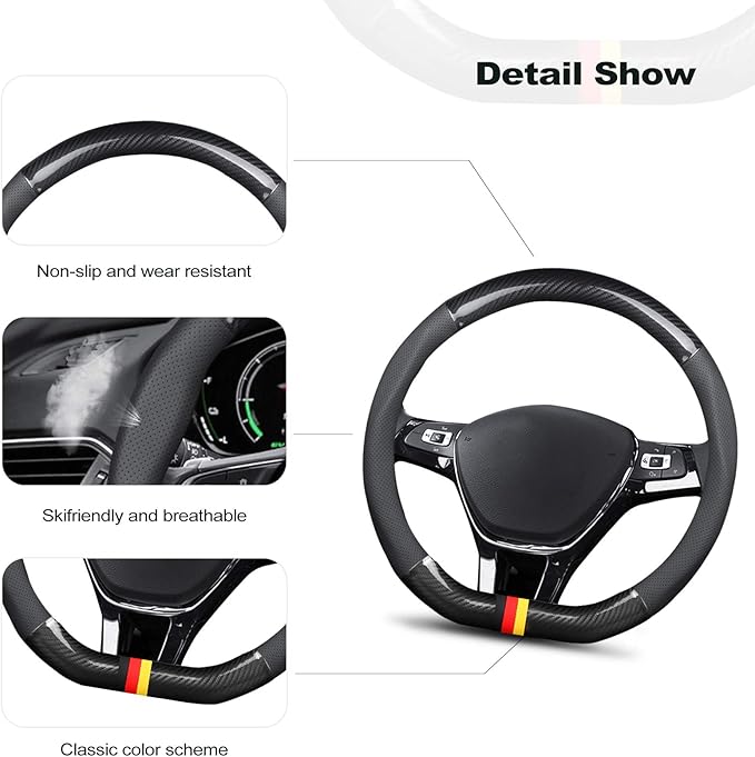 Ergocar Car Steering Wheel Cover Non-Slip Car Steering Wheel Protector Sport D-Shape Carbon Fiber & PU Leather Universal for Diameter 38cm(15") (Black-G)