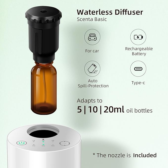 Waterless Essential Oil Diffuser Aromatherapy Scent Diffusers for Home Large Room, Bedroom, Car, Office, Desk, Battery Operated Mini Portable Air Freshener,4 Timers & 3 Mist Levels (White)