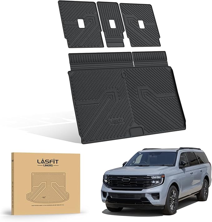 LASFIT Trunk Mat with Backrest Mat Ford Expedition Max & Lincoln Navigator L 7 Seats 2025 2026(Not fit 8 Seats),Costom Fit All Weather Protection TPE Easy Clean Cargo Liners,4pcs,Black