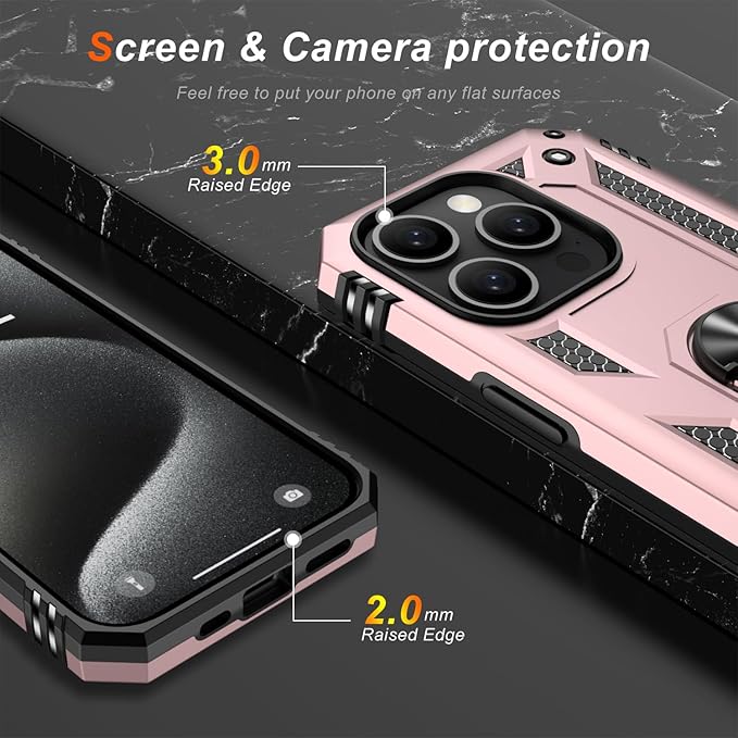 IKAZZ for iPhone 14 Pro Case 6.1 Inch with Screen Protector,Military Grade Shockproof Heavy Duty Protective Phone Cover Pass 16ft Drop Test with Magnetic Kickstand Car Mount Holder,Rose Gold