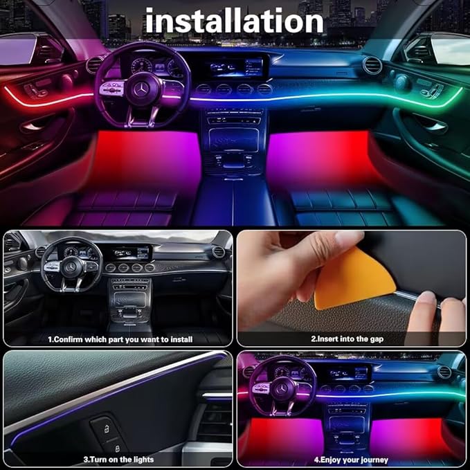 Acrylic Interior Car LED Lights with Remote and Wireless APP 6 in 1,Ambient Lighting Kits Fiber Optic Strip LEDs,16 Million Colors Music&DIY Function