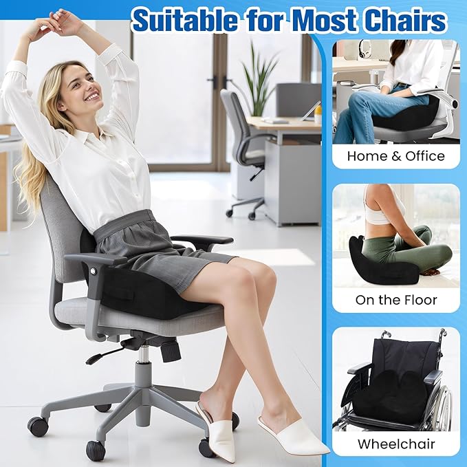 Seat Cushion, Chair Cushions for Office Chairs/Desk Seats/Wheelchair - Hip&Sciatica&Tailbone Pain Relief Memory Foam Office Chair Cushion for Long Sitting Office Workers, Black