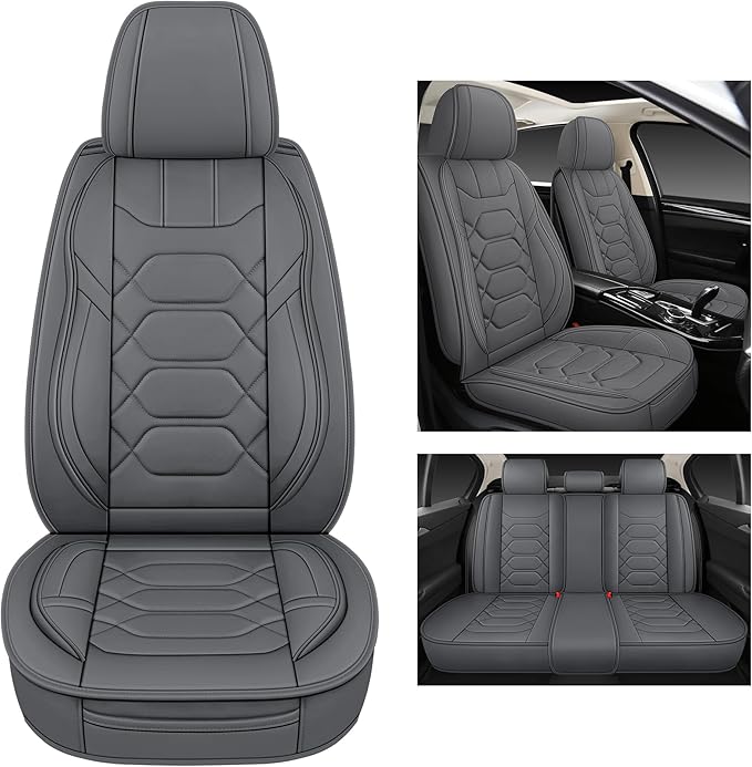 Pariitadin Leather Car Seat Covers Full Set, Waterproof Breathable Faux Leather Automotive Seat Covers for Cars, Non-Slip Car Interior Covers Universal Fit Most Cars Sedans Trucks SUVs, Gray