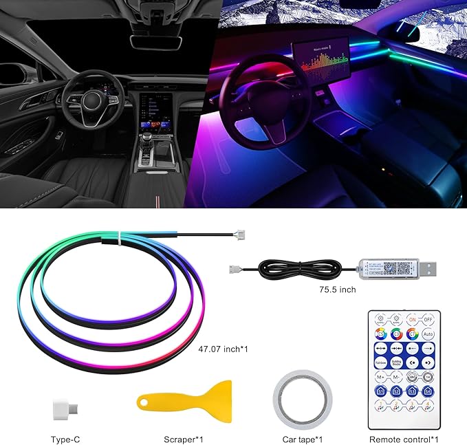 Dreamcolor Acrylic Interior Car LED Strip Light with USB/Type C, 47.24 inches Fiber Optic Ambient Lighting Kits, 16 Million Colors Sound Active Function