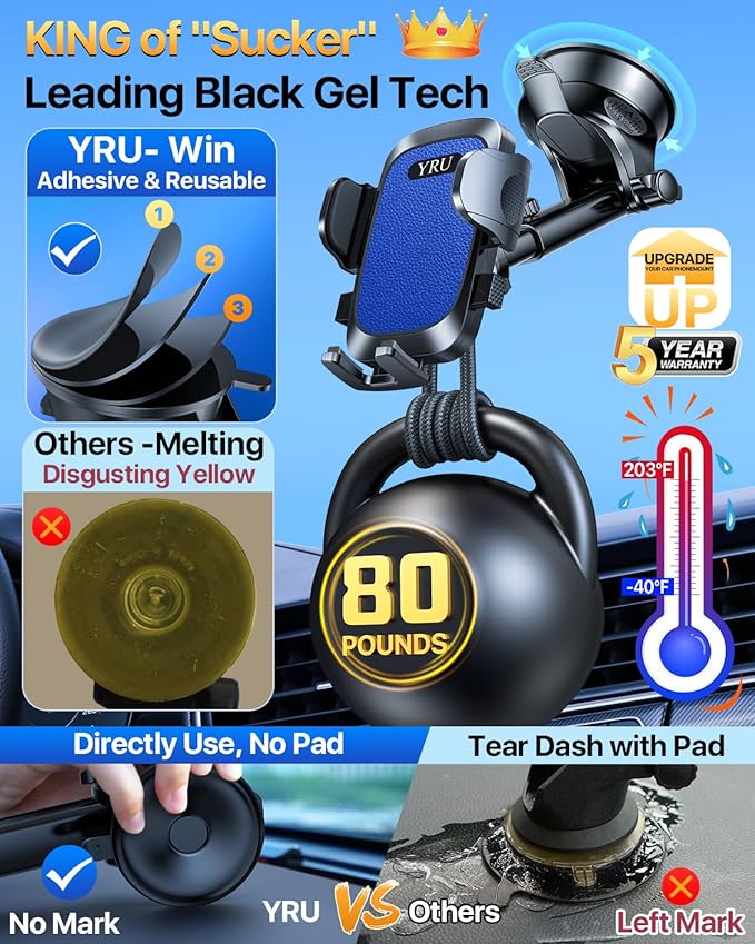 YRU [True Upgrade for Safety] Car Phone Holder Mount [Patent & Military-Grade] Dashboard Cell Phone Holder for Car Vent Windshield Phone Stand for iPhone 17 16 15 14 13 Pro Max Truck Samsung, Blue