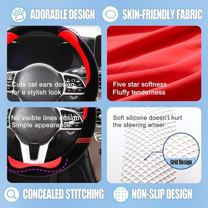 14 inch Furry Cute D Shaped Steering Wheel Cover, Soft Fluffy Short Plush Auto Accessories, Non-Slip Cold-Proof Sweat-Proof Colorfast(Black with Red)