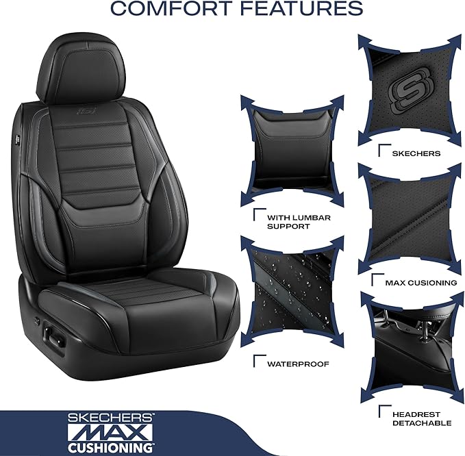 Skechers MAX Cushioning Seat Covers,Memory Foam Leather Car Seat Covers,Waterproof Car Seat Protector Full Sets,Car Seat Cushion Airbag Automotive Universal Fit for Most Cars,Vans,Trucks,SUV,Grey