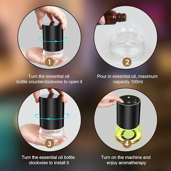 Waterless Essential Oil Diffuser Aromatherapy Scent Diffusers for Home Large Room, Bedroom, Car, Office, Desk, Battery Operated Mini Portable Air Freshener (Black-Glass)