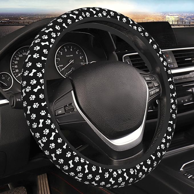 Dog Paw Print Steering Wheel Cover for Women Girls, 15 Inches Anti-Slip Steering Wheel Cover for Auto Truck SUV