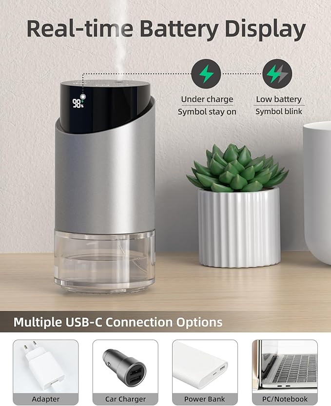 Waterless Essential Oil Diffuser Aromatherapy Scent Diffusers for Home Large Room, Car, Office, Desk, Mini Battery Operated Cordless Air Freshener, 4 Timers & 3 Mist Levels, 100ml Capacity (Silver)