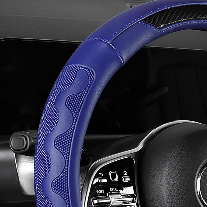 SEG Direct Car Steering Wheel Cover Medium Size 14 1/2"-15" Embossed Microfiber Leather with Carbon Fiber Pattern Blue