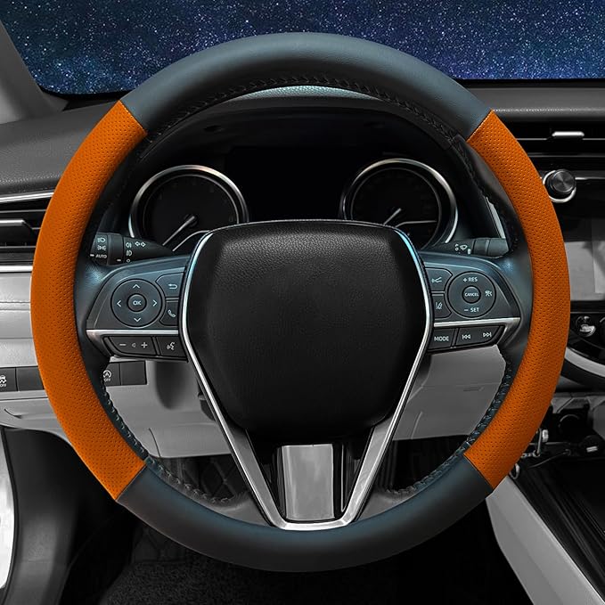 Steering Wheel Cover Standard Size 14.5-15 inch, Non-Slip Car Wheel Cover Protector, Breathable Microfiber Leather, Black and Orange