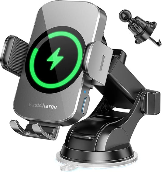 Wireless Car Charger, Fast Charging Phone Holder 3 in 1 Phone Mount Auto Clamping Car Accessories Compatible with iPhone 17 16 15 14 13 12 11 Xs XR, Samsung S23 Ultra S22 S21 S20(Space Grey)