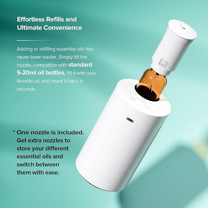 Waterless Essential Oil Diffuser for Home Aromatherapy Car Nebulizing Diffuser Battery Operated 5-20mL Mini Scent Air Machine Up to 600 Sq.Ft. 4Timer 3 Mist-Level (AN7 White)