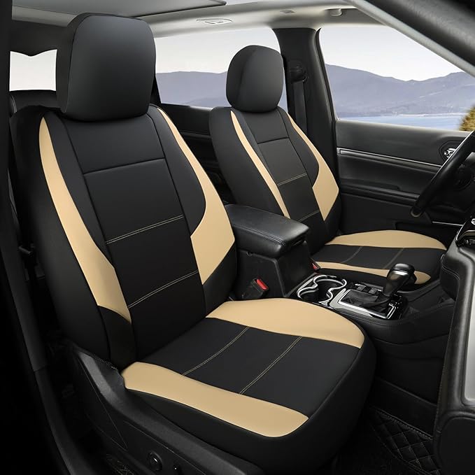 GIANT PANDA Front Car Seat Cover for Jeep, Leather Bucket Seat Covers Custom Fit Jeep Grand Cherokee Wrangler Compass Gladiator Wagoneer Renegade Liberty Patriot (Beige+Black)