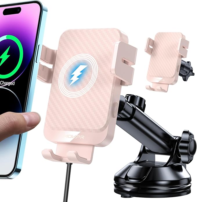 Wireless Car Charger, MOKPR 15W Fast Charging Auto-Clamping Car Mount Hands-Free Car Charger Mount for Dash Windshield Air Vent Compatible with iPhone 16 15/14/13/12, Samsung S23/S22/S21 Pink