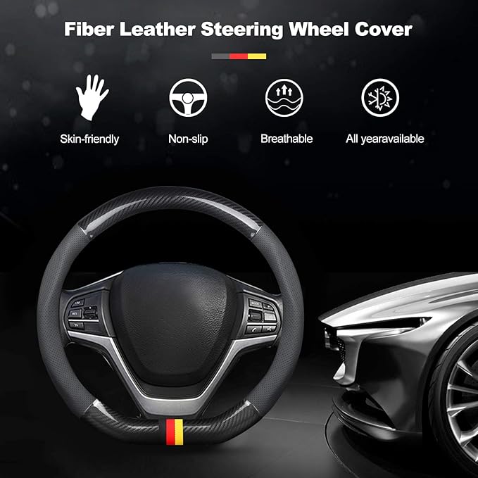 Ergocar Car Steering Wheel Cover Non-Slip Car Steering Wheel Protector Sport D-Shape Carbon Fiber & PU Leather Universal for Diameter 38cm(15") (Black-G)