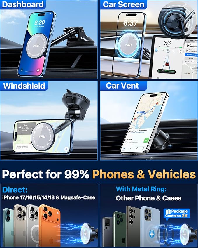 YRU [2025 Upgraded Magnetic Phone Holder for Car【Patented & Super Magnet】 for MagSafe Car Mount Dashboard Magnet Phone Holder Windshield Phone Stand for iPhone 17 16 15 14 13 12 Pro Max Samsung, Grey