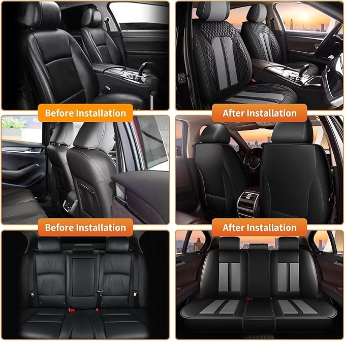 AOMSAZTO Car Seat Cover Fit for Chevrolet Malibu 2009-2025 2026 Leather Vehicle Cushions Cover Seat Protector Automotive Full Set 5 Seat Covers Waterproof Compatible Airbag Black&Gray