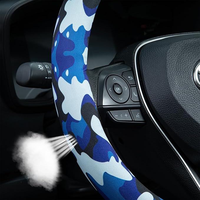 Air Force Blue Camo Steering Wheel Cover Auto Steering Wheel Protector, Anti-Slip, Breathable, Absorbing Sweat, Universal Camo Car Accessories 14.5–15 inch,Fit for Most Car, Trucks, SUV