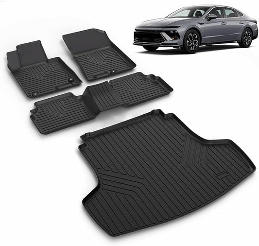 All Weather Car Floor Mats & Cargo Liner Set Fit for Kia K5 2021-2025 (Only FWD Models) or for Hyundai Sonata/Sonata Hybrid 2020-2025 Floor Liners Trunk Liner Cargo Mat Accessories Black