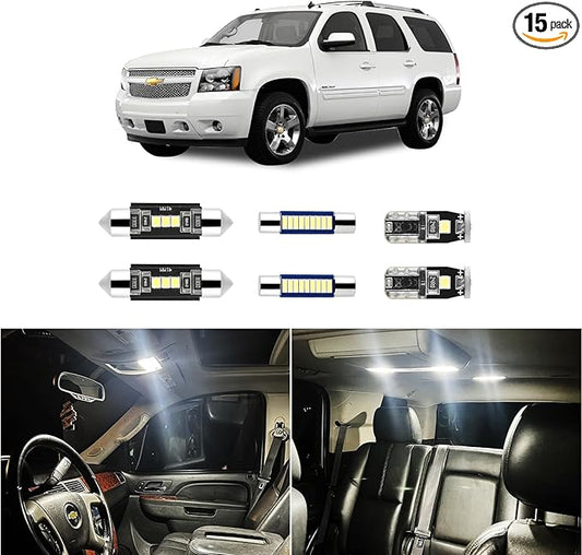 15Pcs Car Interior Lights: Super Bright Bulbs 6000K White LED for 2007 2008 2009 2010 2011 2012 2013 2014 Chevy Tahoe/Suburban Lighting Package Kit Includes Light Accessories + Install Tool