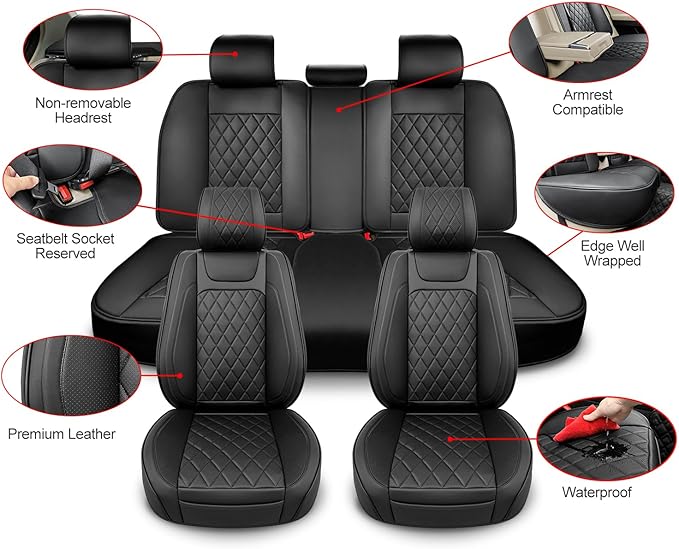 Leather Car Seat Covers Full Set,Unique Rear Design Easy to Install Car Seat Cover Protectors,Universal Full Surround Front Back Auto Seat Cover,Car Seat Cover for Sedan Cars Pick-up Trucks SUV