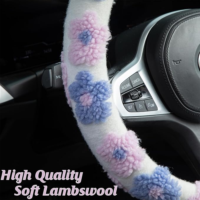 Plush Flowers Steering Wheel Cover Auto Plush Steering Wheel Protector, Anti-Slip, Breathable, Absorbing Sweat, Universal Car Accessories 14.5–15 inch,Fit for Most Car, Trucks, SUV