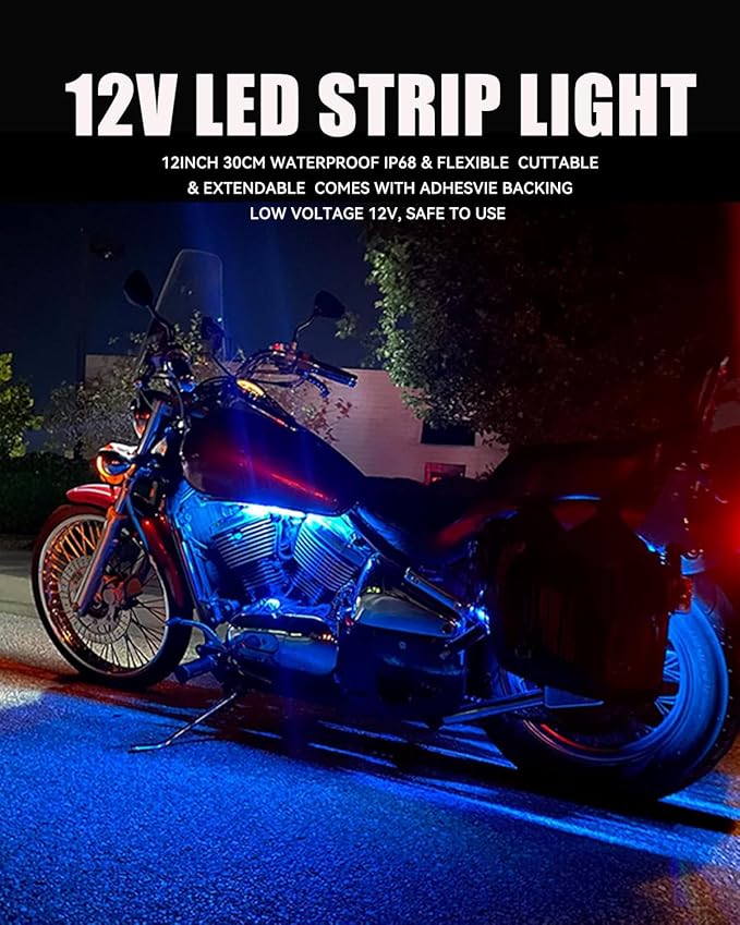12V Led Strip Lights 12" Connectable Blue LEDs Light Strips for Cars Motorcycle Golf Cart Boat Marine Waterproof 12Volt Led Strip Light, 4Pack