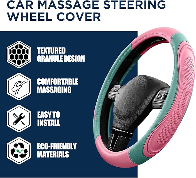 Road Comforts Car Steering Wheel Cover - Microfiber Leather Steering Wheel Wrap Sports 14.5-15 Inch Steering Wheel Cover Non-Slip for Men Women Pink & Green Color