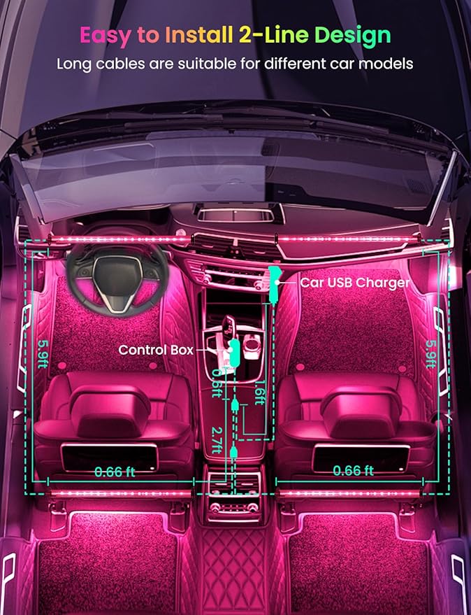 Pak Car LED Lights, Smart RGB 48 LED Car Interior Light with APP Control, Under Dash Car Strip Lights, Music Mode, DIY Mode, 2 Lines Design with Car Charger, Ambient Lighting for Cars, SUVs, Trucks