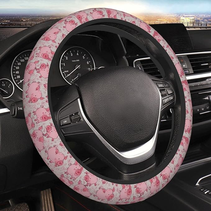 Pink Cartoon Pigs Steering Wheel Cover for Women Girls, 15 Inches Anti-Slip Steering Wheel Cover for Auto Truck SUV