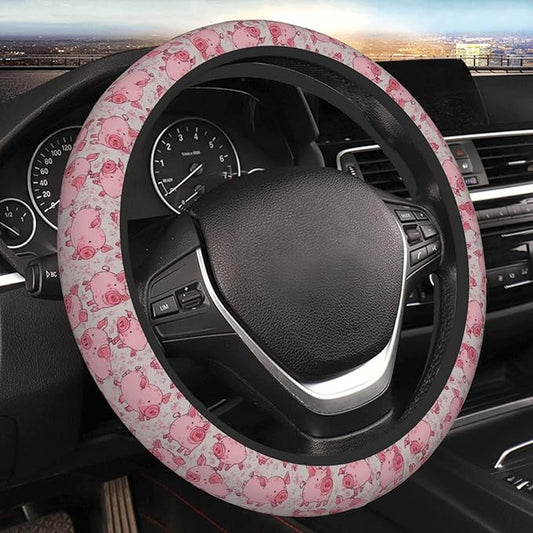 Pink Cartoon Pigs Steering Wheel Cover for Women Girls, 15 Inches Anti-Slip Steering Wheel Cover for Auto Truck SUV