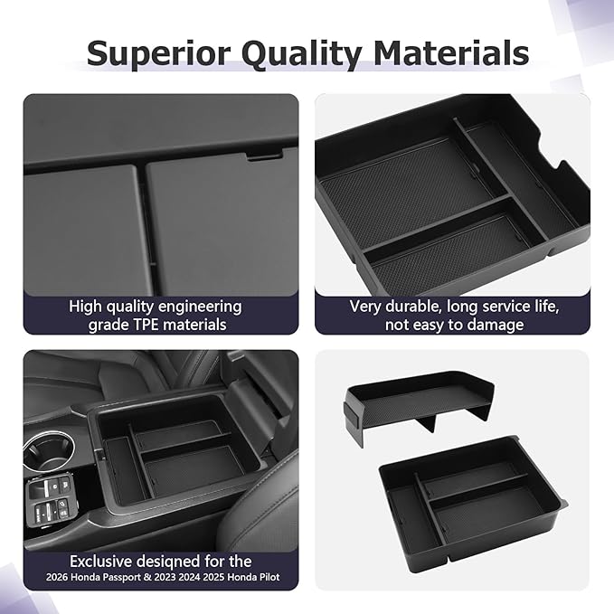 LUWU 2026 Honda Passport Accessories Compatible with 2023 2024 2025 Pilot & 2026 Passport Center Console Organizer, Armrest Storage Box Tray Organizer Insert Tray 2025 Pilot Accessories Black 2PCS
