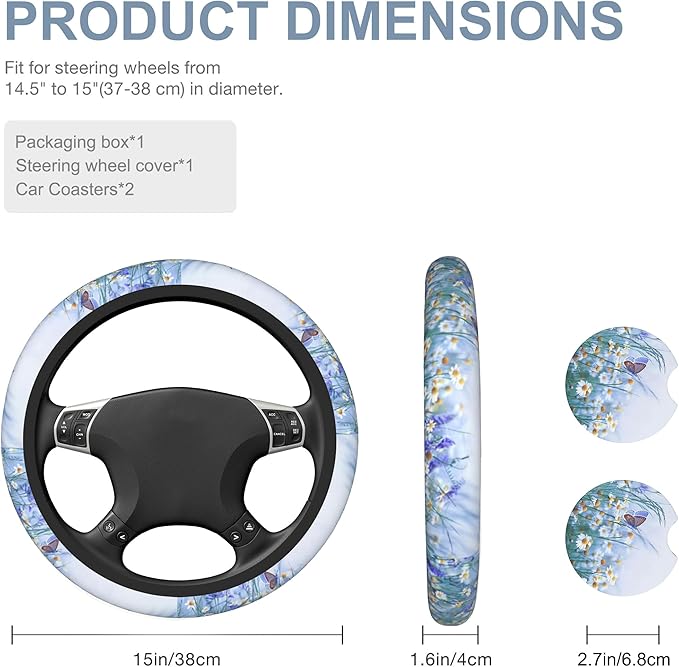 White Daisy Flowers and Butterfly Car Steering Wheel Cover for Women Men with 2 Pcs Car Coasters,Universal 15 Inch Steering Wheel Covers Anti-Slip and Practical Auto Accessories Fit Auto,Suvs