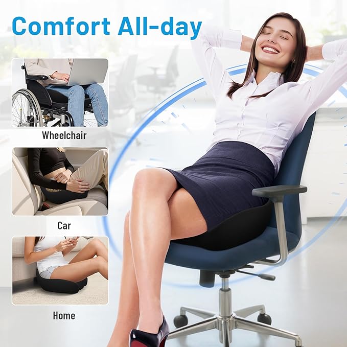 Seat Cushion, Memory Foam Office Chair Cushions, Ergonomic Curved Design for Sciatica, Tailbone, Coccyx, Seat Support for Car, Desk Chair, Wheelchair, Enhances Long Sitting Comfort (Black)
