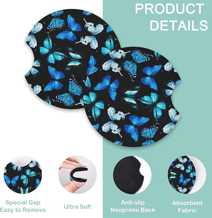 Watercolor Blue Butterfly Steering Wheel Cover for Women Men,Anti-Slip Breathable Car Steering Wheel Cover Elastic Protection with 2 Pieces Car Coasters,Universal 15" Fit Auto,Suvs,Truck