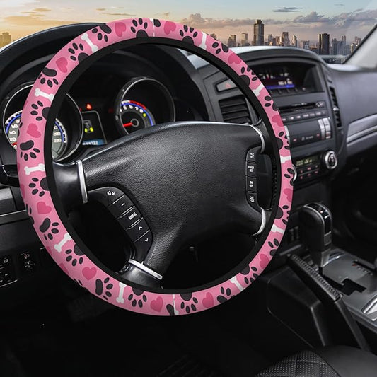 Dog Paw Car Steering Wheel Cover - 15 Inch Pink Heart Bone Dog Pet Footprint Universal Steering Wheel Accessory