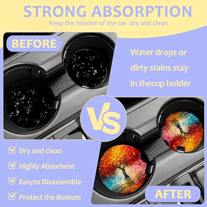 2 Pack Car Cup Holder Coaster-Colorful Trees Absorbent Ceramic Coaster, Car Coasters for Cup Holders,Auto Accessories for Women & Men