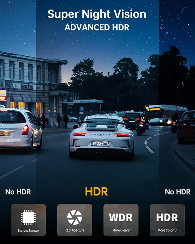 3 Channel Dash Cam Front and Rear, 1080P Dash Camera for Cars, Dashcam Three Way Triple Car Camera with IR Night Vision, Loop Recording, G-Sensor, HDR, 24 Hours Recording