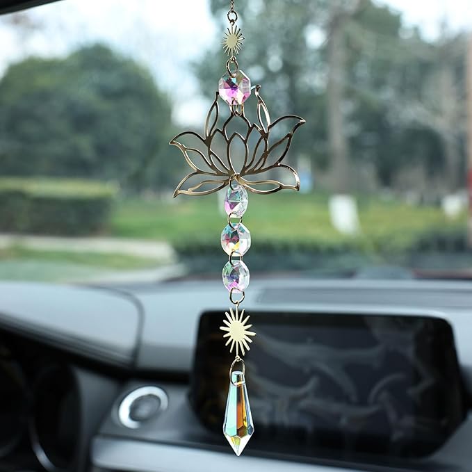 Colorful Crystal car Mirror Hanging Accessories，Car Charm，Rear View Mirror Hanging Decors， Gifts for Women (Lotus Flower)