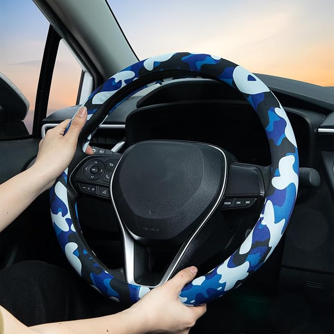 Air Force Blue Camo Steering Wheel Cover Auto Steering Wheel Protector, Anti-Slip, Breathable, Absorbing Sweat, Universal Camo Car Accessories 14.5–15 inch,Fit for Most Car, Trucks, SUV