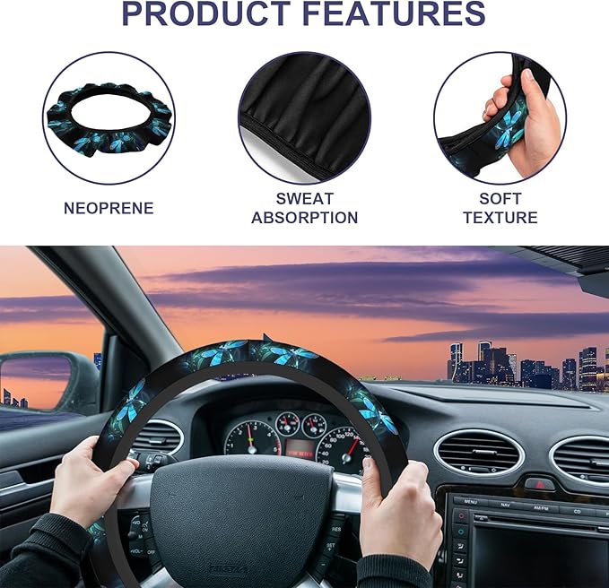 Dragonfly Car Steering Wheel Cover for Women Men Blue Turquoise Dragonflies 15 Inch Universal Steering Wheel Covers Elastic Stretch Steering Wheel Cover Car Accessories