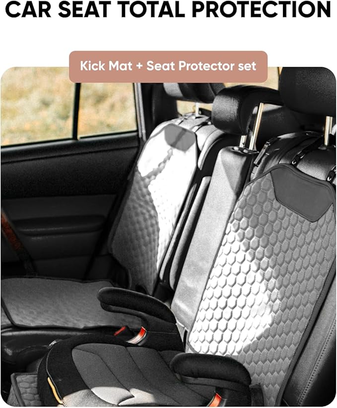 Owleys Kick Mat Back Seat Protector - Car Back Seat Cover for Kids Feet - Waterproof & Sturdy Protector for Upholstery from Dirt, Mud, Scratches and Stain (Gray Set)