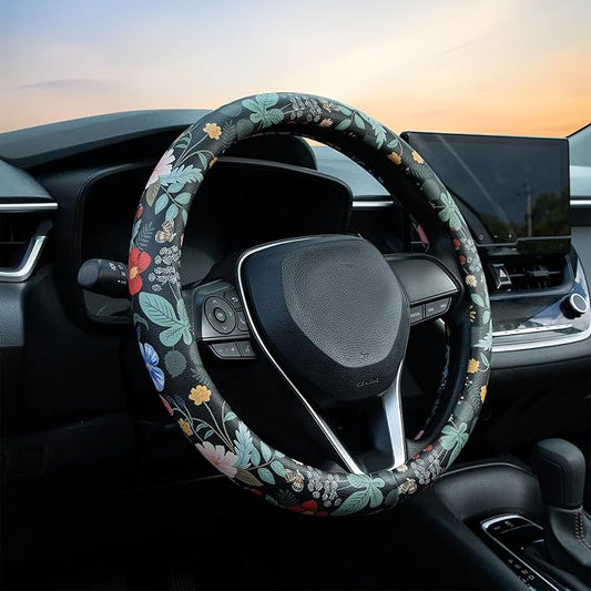 Flowers and Strawberries Steering Wheel Cover Auto Leather Steering Wheel Protector, Anti-Slip, Breathable, Absorbing Sweat, Universal Car Accessories 14.5–15 inch,Fit for Most Car, Trucks, SUV