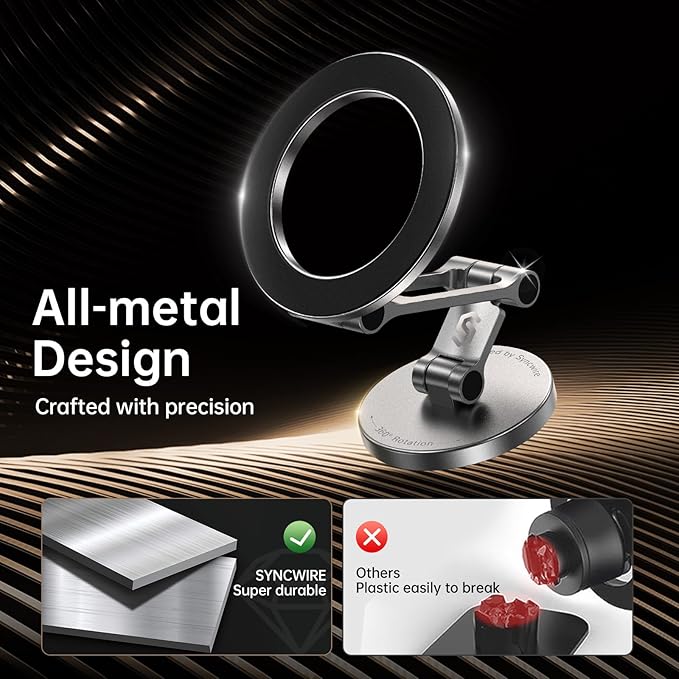 SYNCWIRE Fits MagSafe Car Mount, [All-Metal] Magnetic Phone Holder for Car, [Flexible Three-axis] 360° Rotation Magnetic Car Mount Strong Magnets Car Phone Holder for iPhone 17 16 15 14 Pro Max