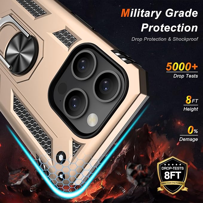 IKAZZ for iPhone 14 Pro Max Case 6.7 Inch with Screen Protector,Military Grade Shockproof Heavy Duty Protective Phone Cover Pass 16ft Drop Test with Magnetic Kickstand Car Mount Holder,Gold